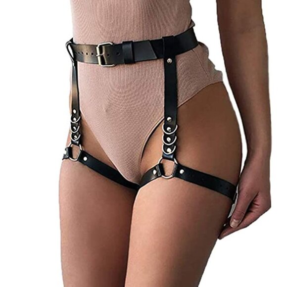 Black Faux Leather Silver Bondage Waist Leg Belt Cage Harness Body Jewelry - Picture 3 of 5